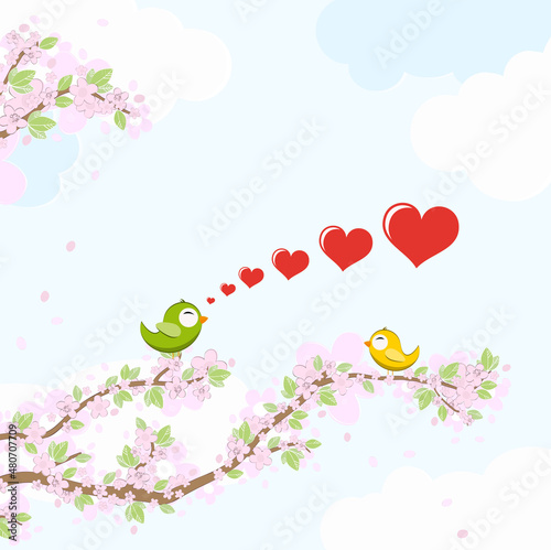 Birds in love on blossom branches