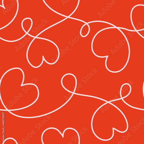 Happy Valentines day seamless pattern with hearts on red background for fabric, textile, wrapping paper. Hand drawn vector illustration. Love concept. Romantic repeating texture