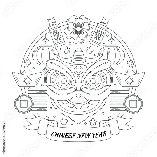 Chinese new year cartoon illustration with outline or doodle style