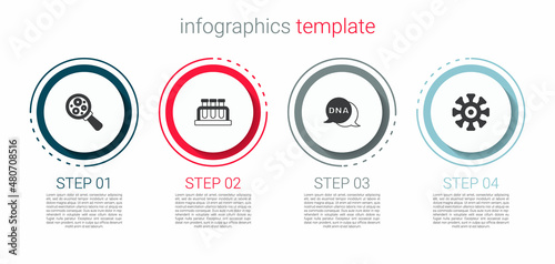 Set Microorganisms under magnifier, Test tube and flask, DNA symbol and Bacteria. Business infographic template. Vector