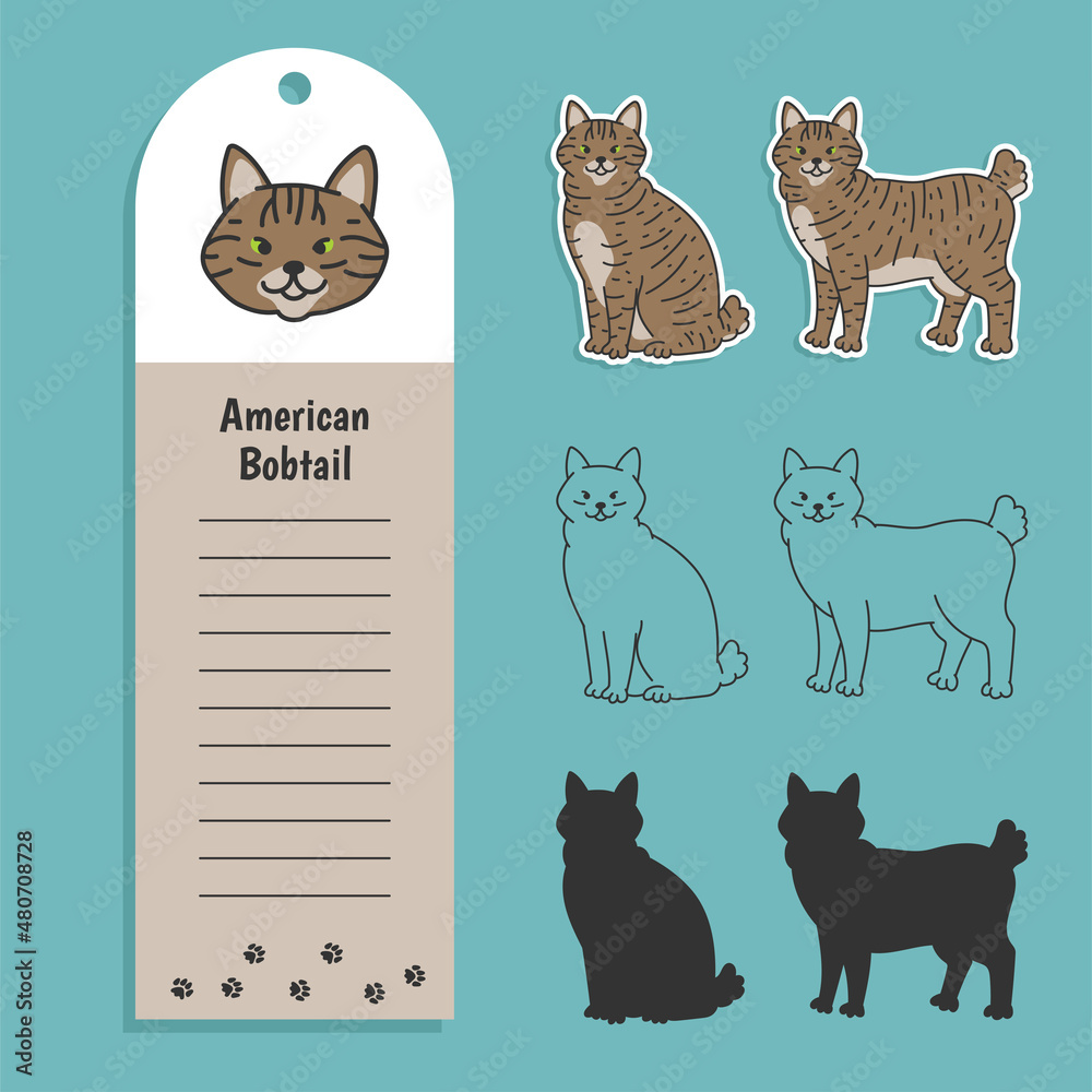 cat breed american bobtail. Set of stickers, silhouettes and contour line doodle vector illustrations pedigree pet. Design label with field for recording information.