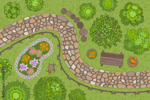 Vector illustration. Landscape design. Top view. Path, trees and flowerbed. View from above.