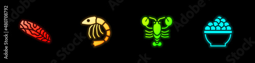 Set Fish steak, Shrimp, Lobster and Caviar icon. Vector