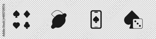 Set Deck of playing cards, Casino slot machine with lemon, Online poker table game and Game dice icon. Vector