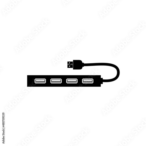 Four port USB data transfer hub power switch. Ethernet cable network connection plug port vector silhouette useable as data transfer and power charging.
