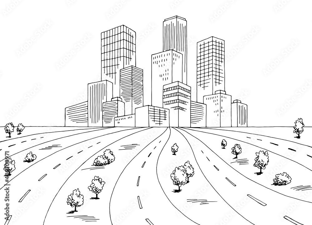 Many roads to the city graphic black white landscape sketch illustration vector