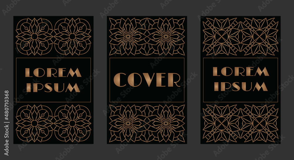 Set of decorative openwork rectangular frames or covers with gold snowflake pattern. Elegant design elements. Template for luxury packaging, black label, poster, card, cover, ad, etc. EPS10 #03