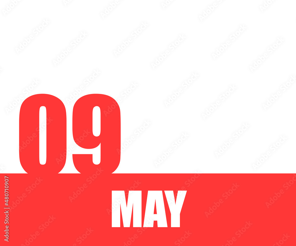 May. 09th day of month, calendar date. Red numbers and stripe with white text on isolated background. Concept of day of year, time planner, spring month May. 09th day of month, calendar date. Red numbers and stripe with white text on isolated background. Concept of day of year, time planner, spring month