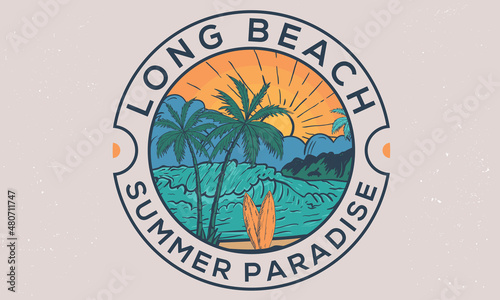 Long beach retro graphic design for t shirt, sticker, poster, apparel and others. Summer Paradise print artwork. 