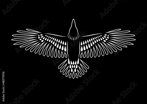 Engraving of stylized raven. Soaring Raven. Decorative bird. Linear drawing. Flying bird. Stencil art.