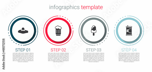 Set Elegant women hat, Wooden beer mug, Ice cream and Soda can. Business infographic template. Vector