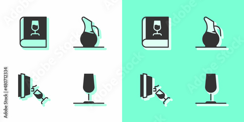 Set Wine glass, Book about wine, tasting, degustation and Decanter for icon. Vector