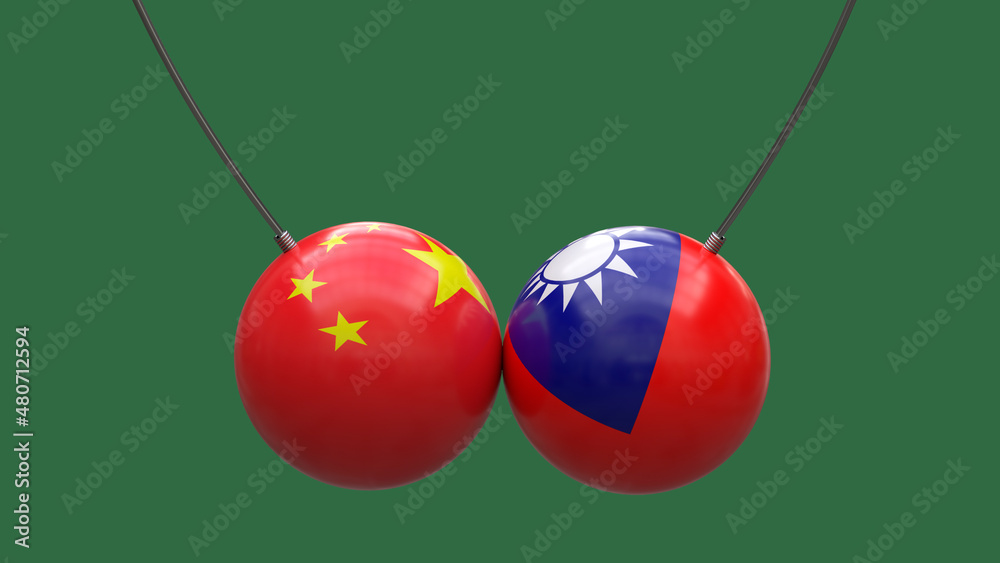 Balls on the ropes in the colors of the national flags of China and Taiwan collided with each other against a neutral background. 3D rendering. Blank for design. Layout. Balls on the ropes in the colors of the national flags of China and Taiwan collided with each other against a neutral background. 3D rendering. Blank for design. Layout.