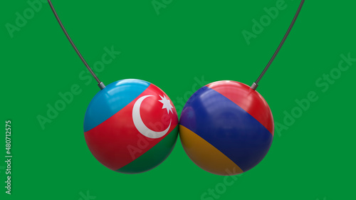 Balls on the ropes in the colors of the national flags of Armenia and Azerbaijan collided with each other against a neutral background. 3D rendering. Blank for design. Layout.