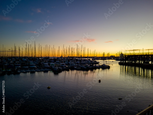 The Mediterranean Sea. Sea marina for yachts in the evening, the sun sets.