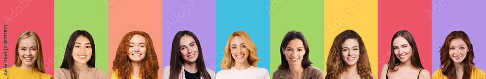 Set of female portraits over backgrounds in a row