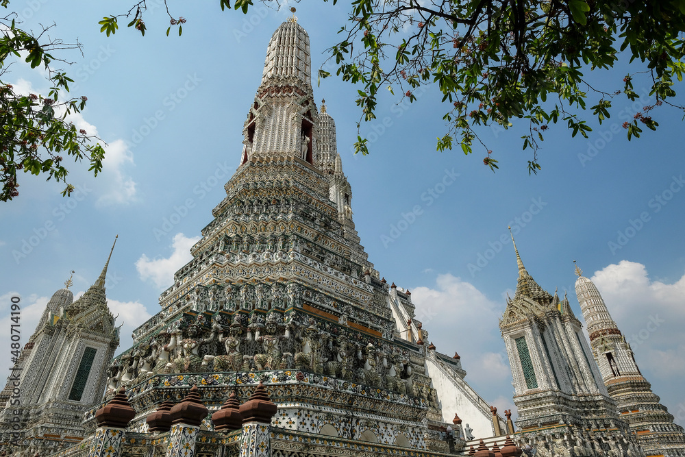 Bangkok, Thailand - January 2022: Detail of the Buddhist temple Wat Arun located on the banks of the Chao Phraya River on January 16, 2022 in Bangkok, Thailand.