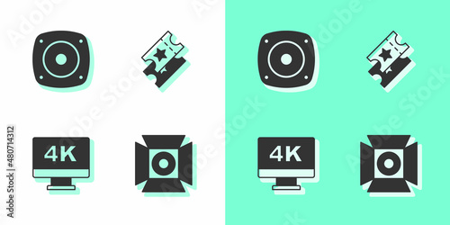 Set Movie spotlight, Stereo speaker, Screen tv with 4k and Cinema ticket icon. Vector
