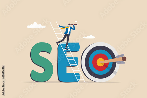SEO, search engine optimization to drive traffic or visitor to website, improve search result ranking gain more visibility concept, businessman climb up ladder on the word SEO with arrow hit target.