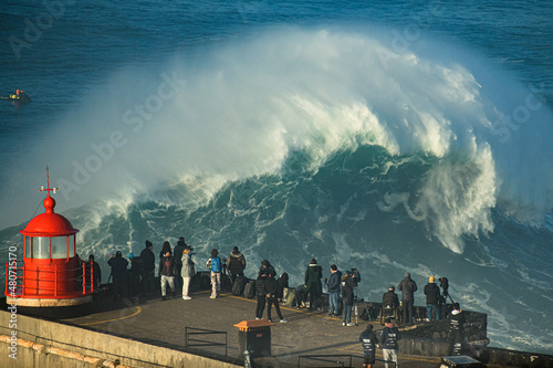 A big wave at Praia do Norte Beach in Nazare. 2022/01/08