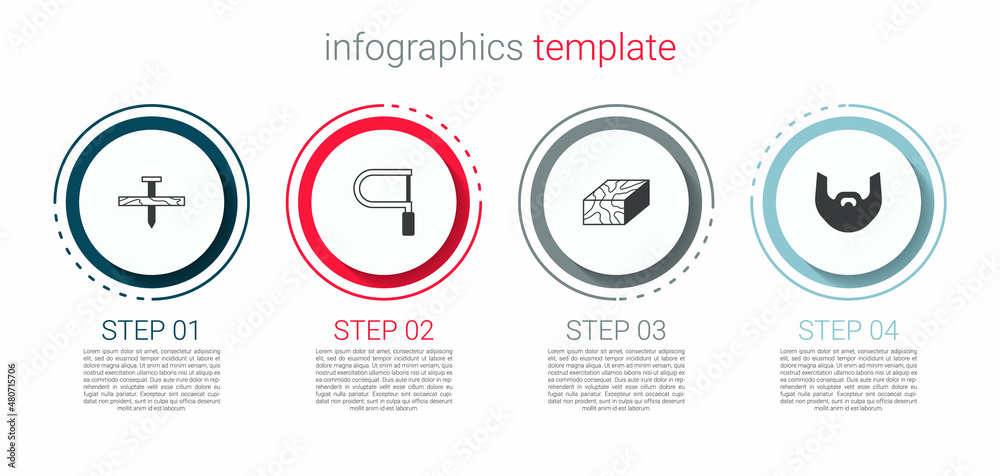 Set Metallic nail, Hacksaw, Wooden beam and Mustache and beard. Business infographic template. Vector Set Metallic nail, Hacksaw, Wooden beam and Mustache and beard. Business infographic template. Vector