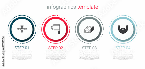 Set Metallic nail, Hacksaw, Wooden beam and Mustache and beard. Business infographic template. Vector