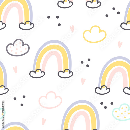 Hand drawn cute rainbow seamless pattern. Rainbow print for baby textiles, fabrics and baby shower cards.