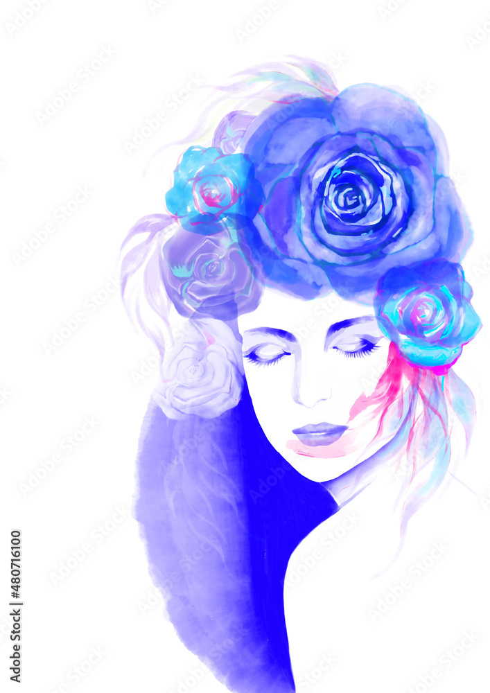 Fototapeta premium 女性の顔のイラスト 花 水彩 ラベンダー バラ