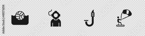Set Water polo, Aqualung, Snorkel and Kitesurfing icon. Vector
