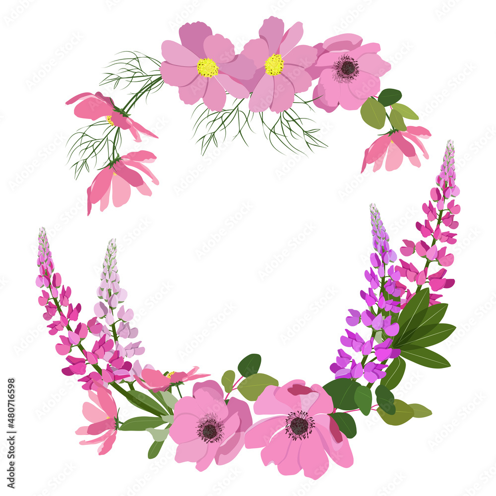 Decorative vector wreath of garden flowers, lupine, anemone, kosmea flowers with place for your text on a isolated background. For decorating postcards, invitations, web design.