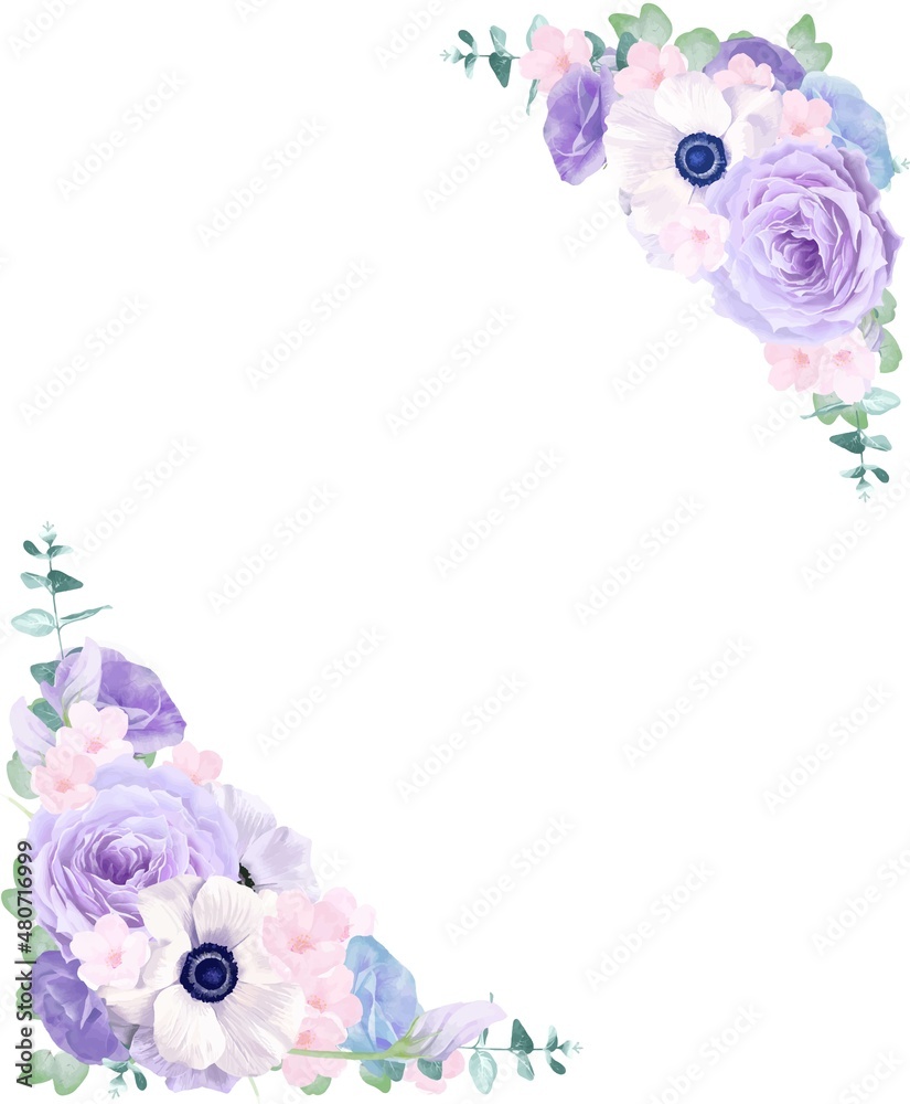 美しい白いアネモネと薄紫色のバラとピンクの桜の水彩画招待状フレームベクターイラスト Stock 벡터 Adobe Stock