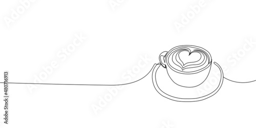 A cup of coffee continuous line drawing. One line art of coffee, tea, drink, cappuccino, latte, coffee in bed, milk, cream, romance, coffee house, cafe, heart.