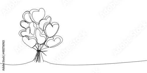 Fototapeta Naklejka Na Ścianę i Meble -  Heart-shaped balloon bouquet continuous line drawing. One line art of decoration, accessory, , holiday, romance, congratulate, surprise, heart.