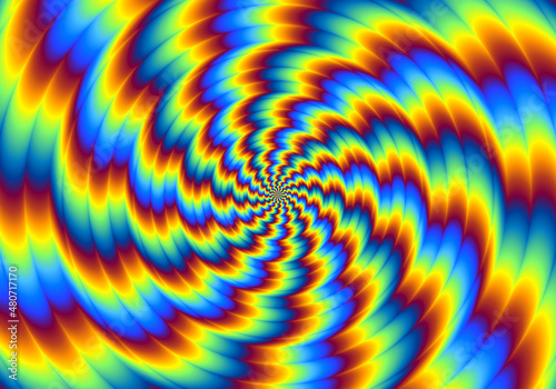 Pulsing fiery spirals. Spin illusion.