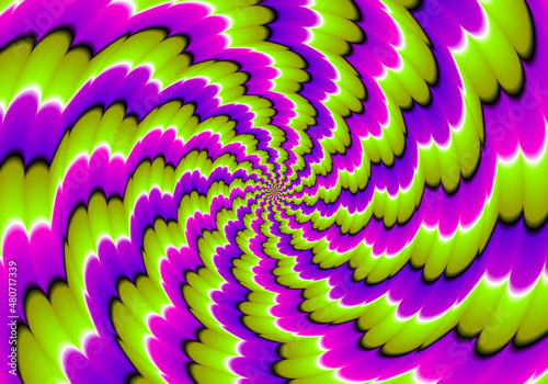 Green  pink and purple spirals. Spin illusion.