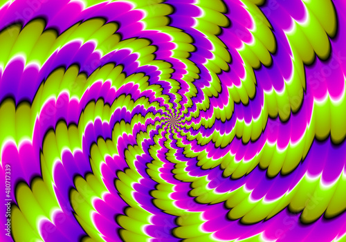 Green, pink and purple spirals. Spin illusion.