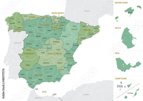 Detailed map of Spain with administrative divisions into Autonomous communities and autonomous cities and Provinces, major cities of country, vector illustration onwhite background photo