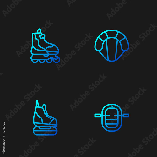 Set line Rafting boat, Skates, Roller skate and Parachute. Gradient color icons. Vector