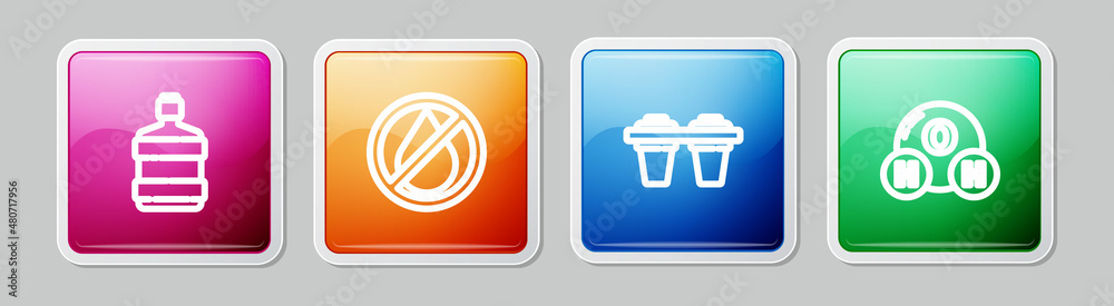 Set line Big bottle with clean water, Water drop forbidden, filter and Chemical formula H2O. Colorful square button. Vector Set line Big bottle with clean water, Water drop forbidden, filter and Chemical formula H2O. Colorful square button. Vector