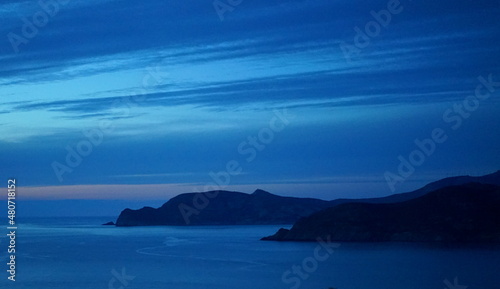 Canvas Print sunset dreamy blue nature sea ocean pink rock corsica evening summer sun holiday
