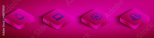 Set Isometric line Ringing bell, Laptop, Basketball ball and School backpack icon. Vector