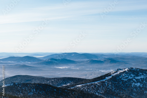 Sheregesh. Russia. Mountain panorama in blue tones