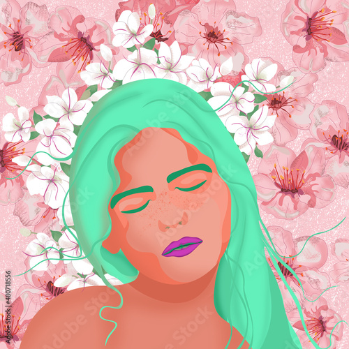 Ilustracja portret młodej zamyślonej  dziewczyny zielone włosy zamknięte oczy