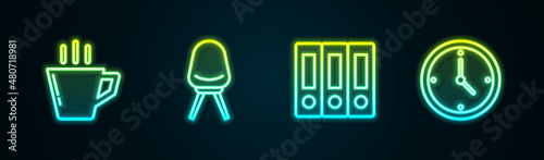 Set line Coffee cup, Office chair, folders and Clock. Glowing neon icon. Vector