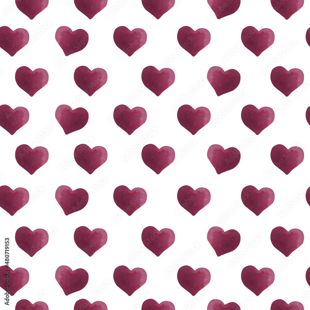 Seamless watercolor pattern with colorful hearts on a paper texture.  Hand-painted romantic texture for Valentine's Day, packaging, wedding, birthday