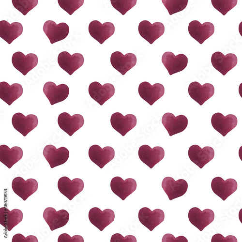 Seamless watercolor pattern with colorful hearts on a paper texture. Hand-painted romantic texture for Valentine's Day, packaging, wedding, birthday