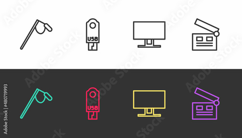 Set line Microphone, USB flash drive, Smart Tv and Movie clapper on black and white. Vector
