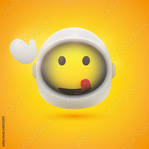 Greetings from Space - Smiling Happy Waving Mouth Licking Spaceman Emoji in Space Suit with Helmet On - Modern Style Emoticon Vector Design for Web or Instant Messaging Apps On Yellow Background