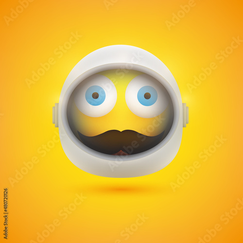 Surprised Spaceman Emoji in Space Suit with Helmet On - Eyes Wide Open - Emoticon Vector Design for Web On Yellow Background