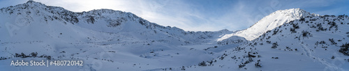 panorama of the Tatra Mountains  winter mountain landscape in the Tatras  mountain view covered with snow in frosty sunny weather